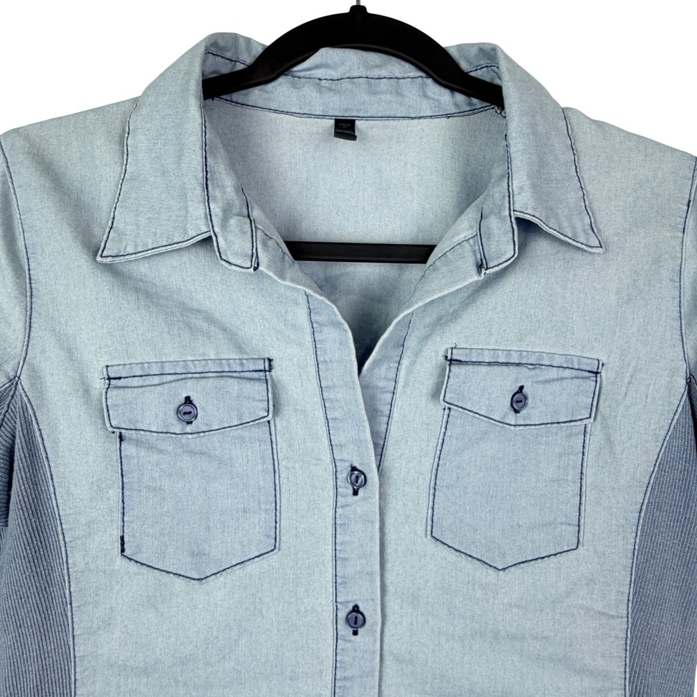 Lapis Women Medium Light Wash Blue Chambray Roll Tab Sleeve Button Shirt Western - Picture 3 of 9